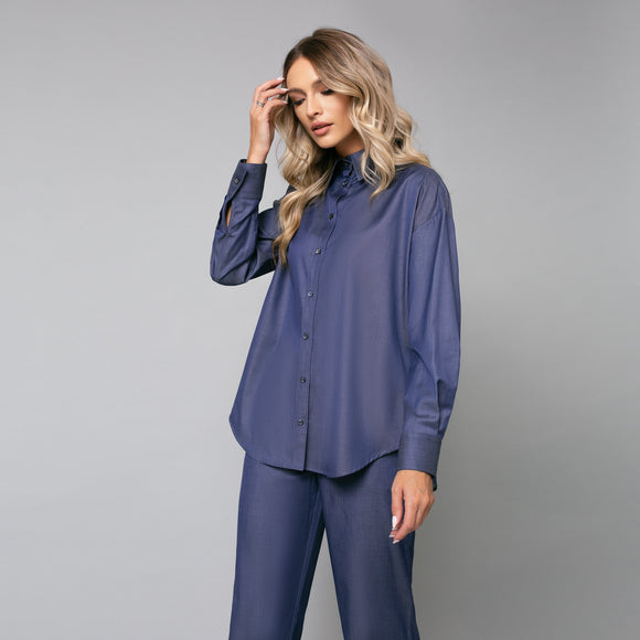Cămașă denim blue de damă elegantă, model oversize