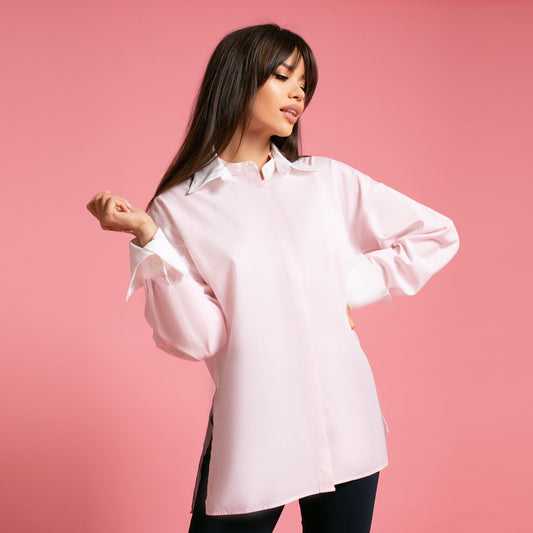Camasa oversize roz cu guler si mansete albe