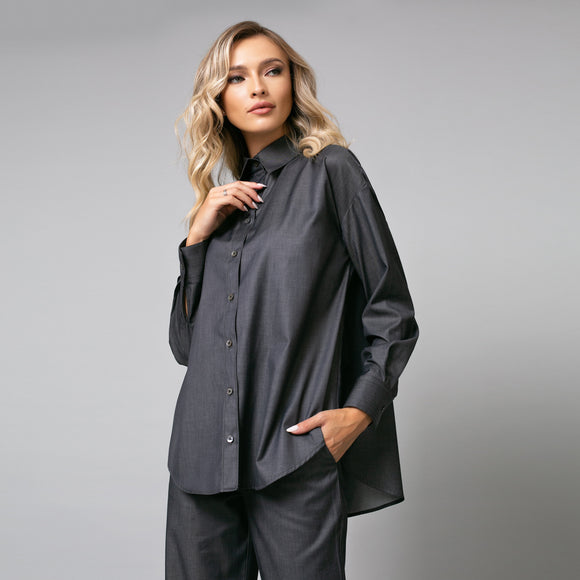 Cămașă denim gri de damă elegantă, model oversize