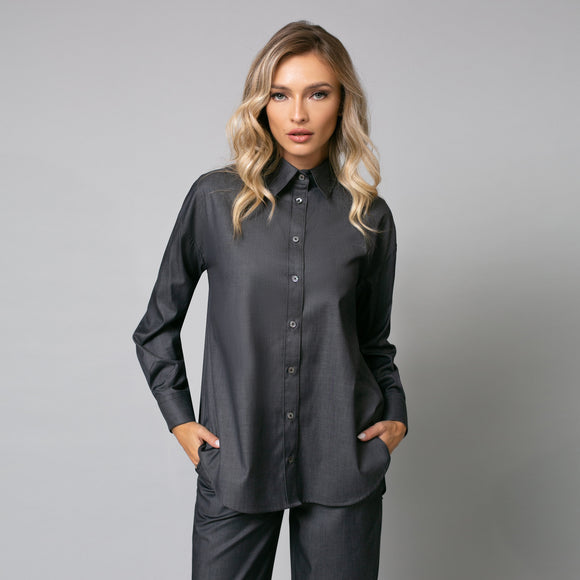Cămașă denim gri de damă elegantă, model oversize 2