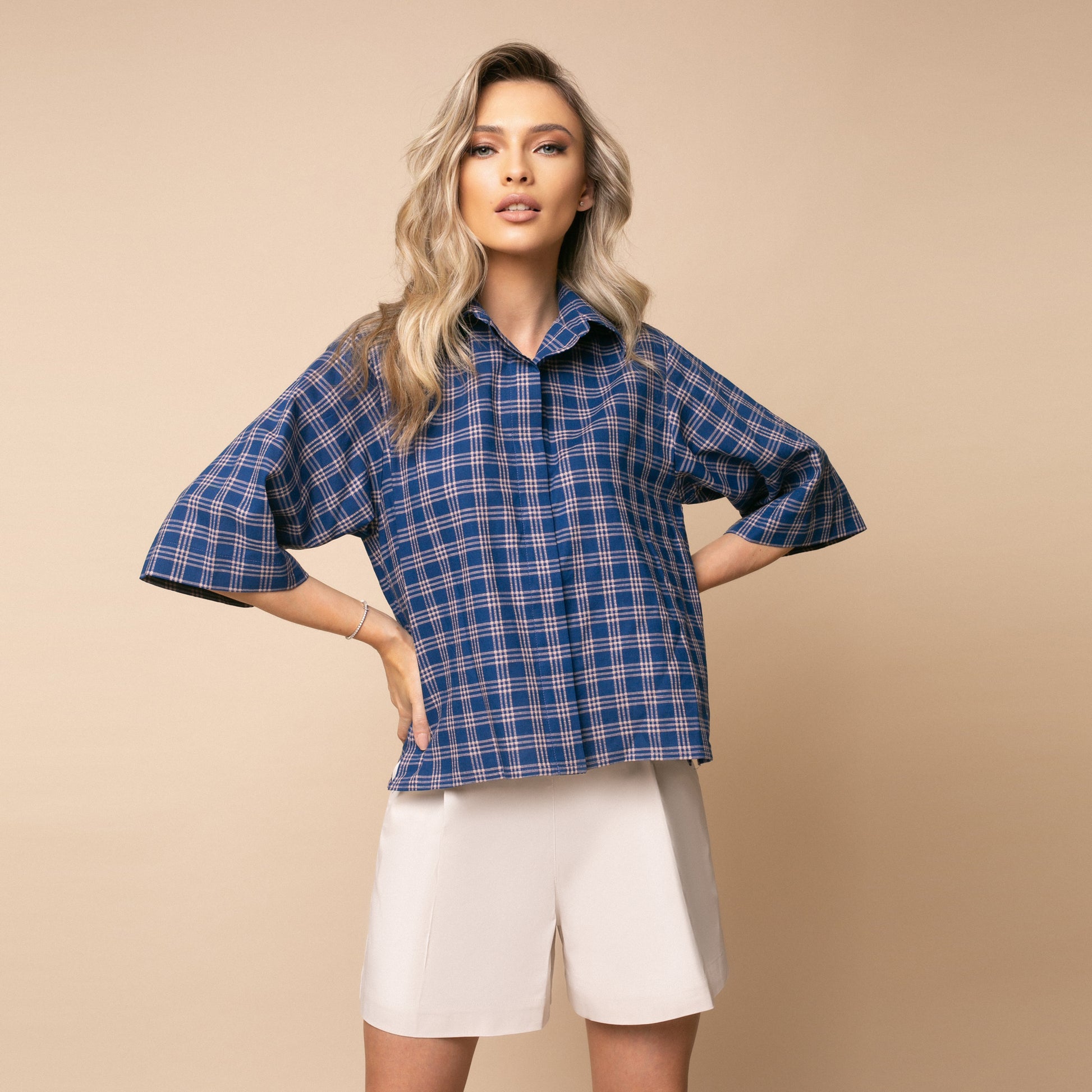 Cămașă damă albastră casual cu mâneci 3/4, model Riviera 2