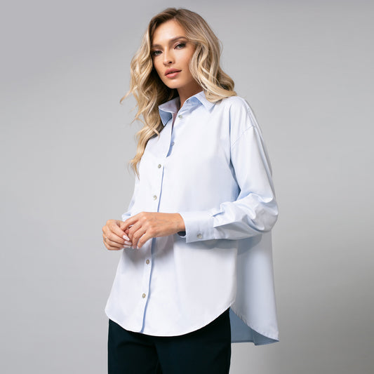 Cămașă de damă elegantă, model oversize albastru deschis