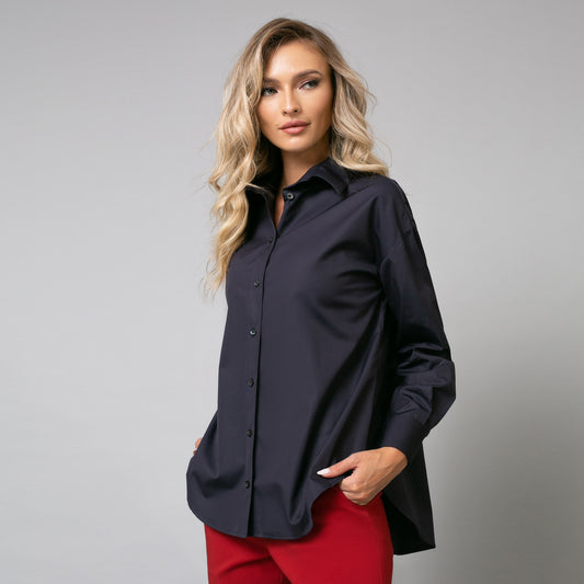 Cămașă de damă elegantă, model oversize, albastru inchis