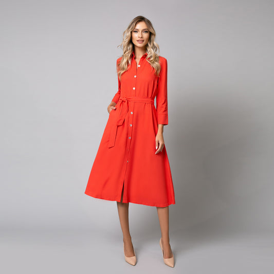 Rochie rosie de damă eleganta  cu nasturi frontali și cordon, model red summer