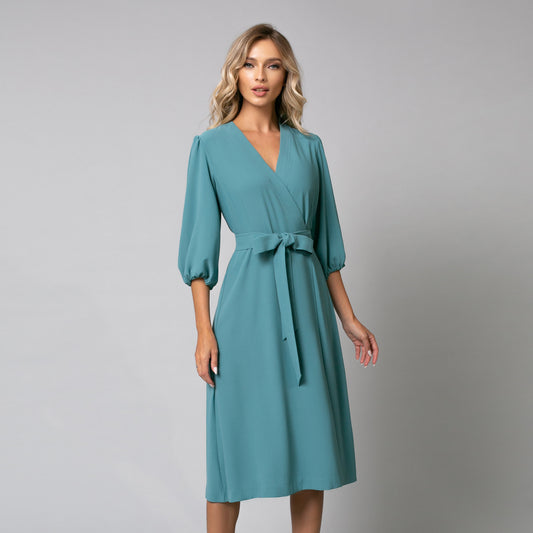 Rochie eleganta damă parte peste parte cu maneci bufante, de culoare albastru turcoaz