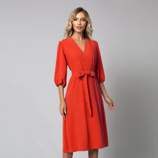 Rochie eleganta de dama rosie parte peste parte cu maneci bufante