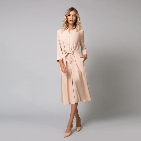 Rochie damă midi cu nasturi frontali și cordon, model nude summer