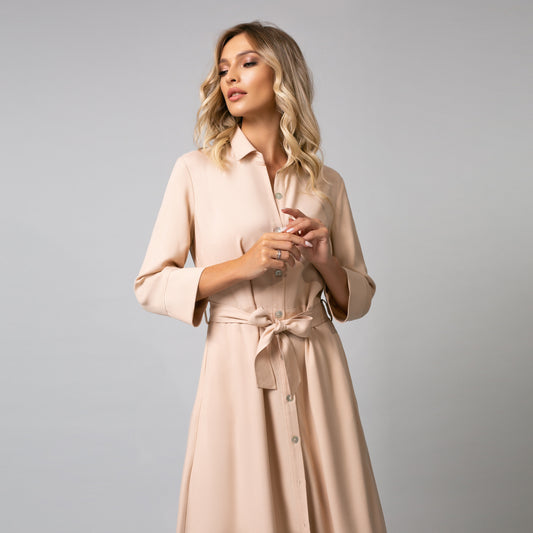 Rochie damă midi cu nasturi frontali și cordon, model nude summer - Minimalis România