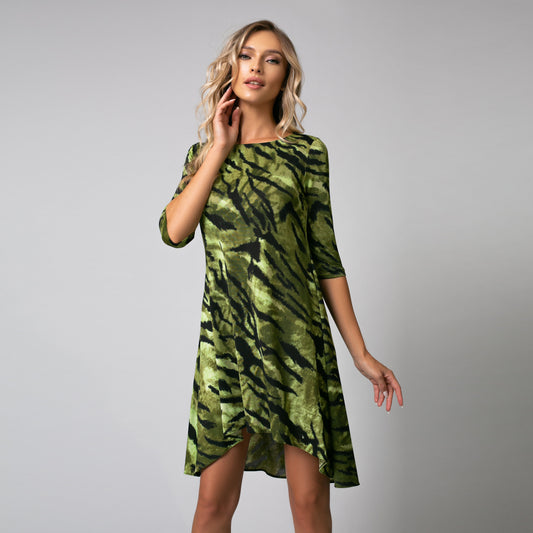 Rochie mini animal print bej si verde din lycra