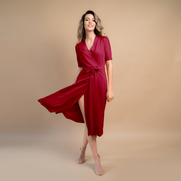 Rochie damă parte peste parte roșu cherry