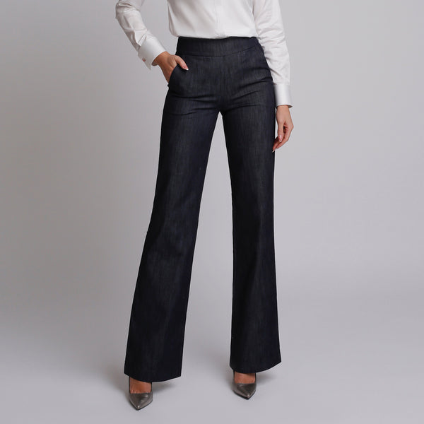 Pantalon de damă evazat din denim albastru inchis 3