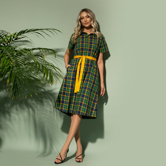 Rochie damă midi cu nasturi frontali și cordon, model Scottish college