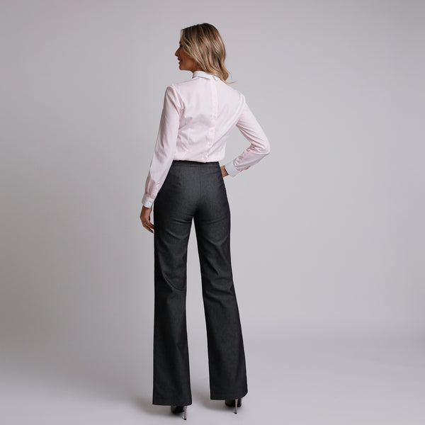 Pantalon de damă evazat din denim gri inchis 2