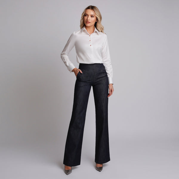 Pantalon de damă evazat din denim albastru inchis