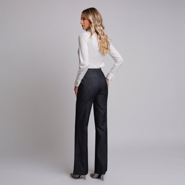 Pantalon de damă evazat din denim albastru inchis 4