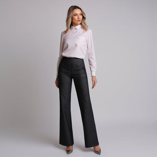 Pantalon de damă evazat din denim gri inchis
