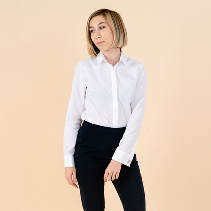 Camasa alba eleganta slimfit cu butoni in forma de fundite argintii