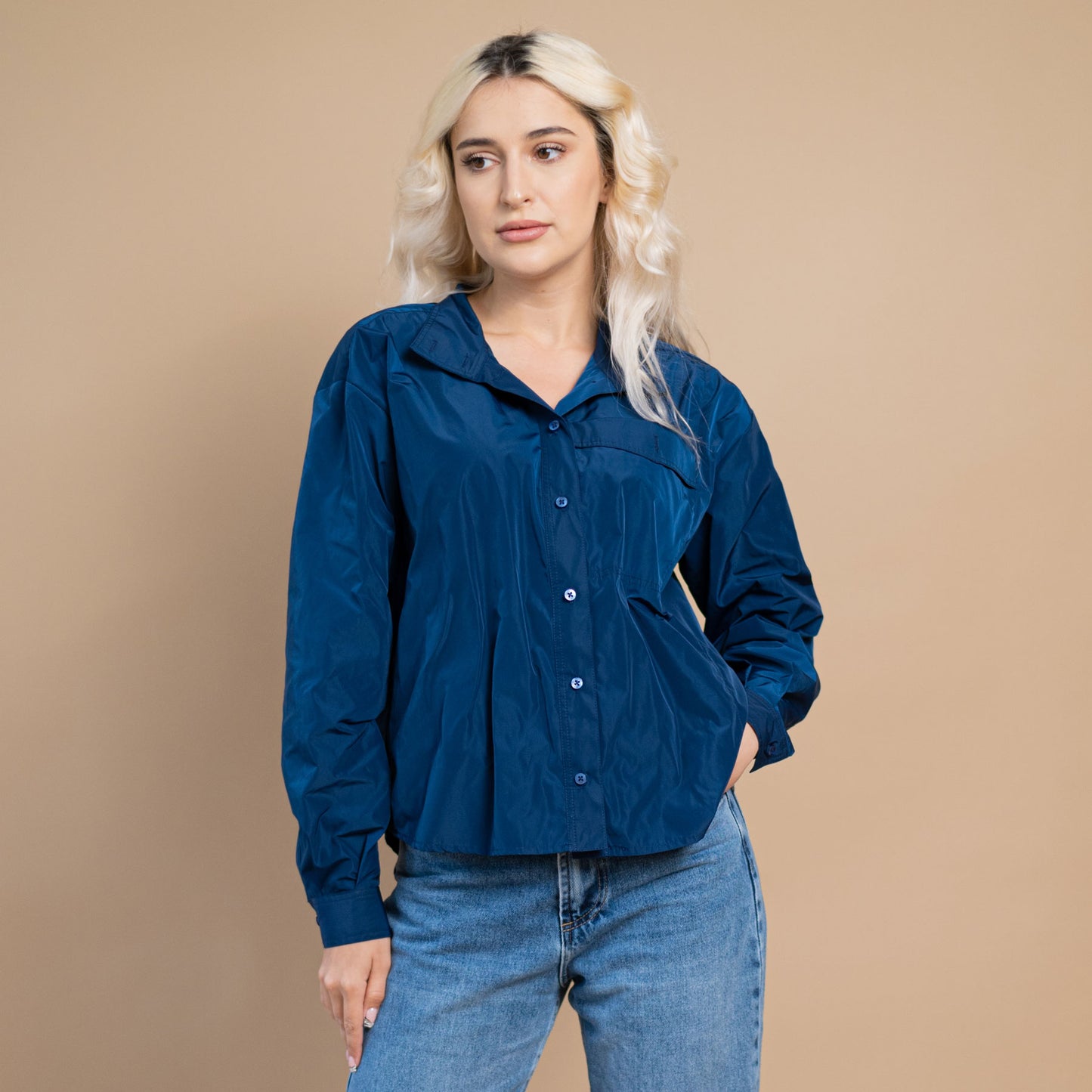 Jacheta camasa de culoare albastru cerneala, casual style oversize
