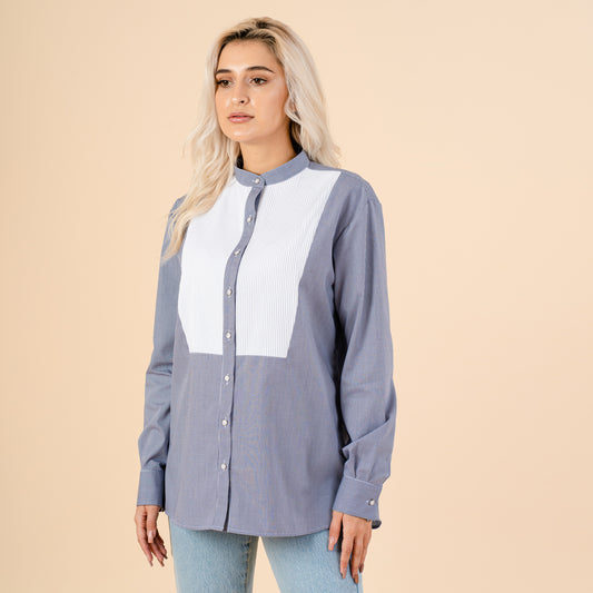 Camasa oversize model albastru inchis cu carouri fine