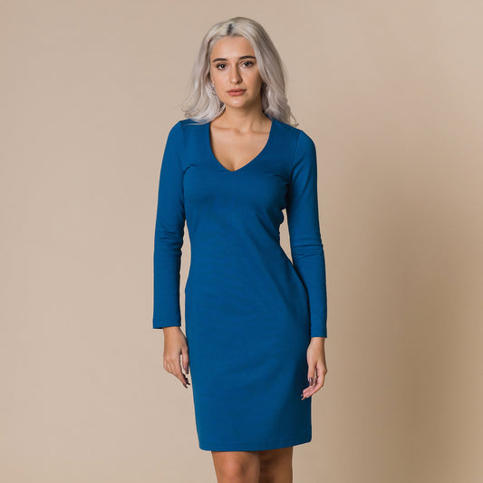 Rochie pe langa corp midi albastra din jersey
