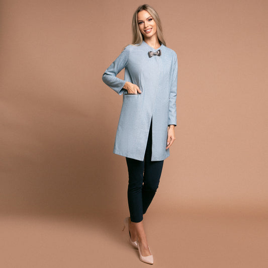 Pardesiu lung de culoare albastru deschis babyblue cu maneci lungi